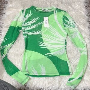 NWT AFRM Green Tropical Mesh Long Sleeve See Through Shirt XS
